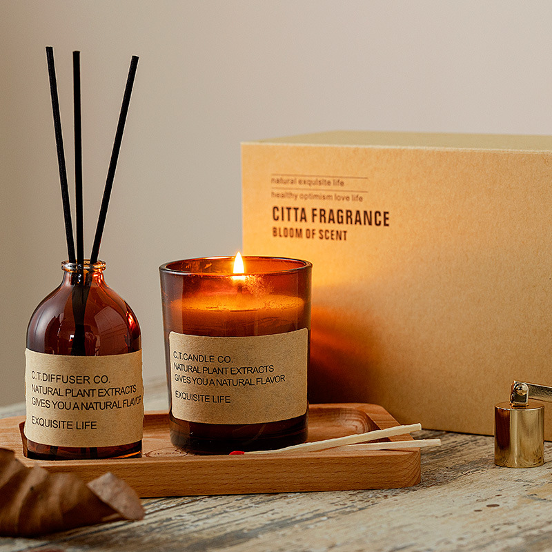 Penyebar buluh rumah dekorasi mewah M&Scent dan set lilin beraroma dengan kemasan kotak