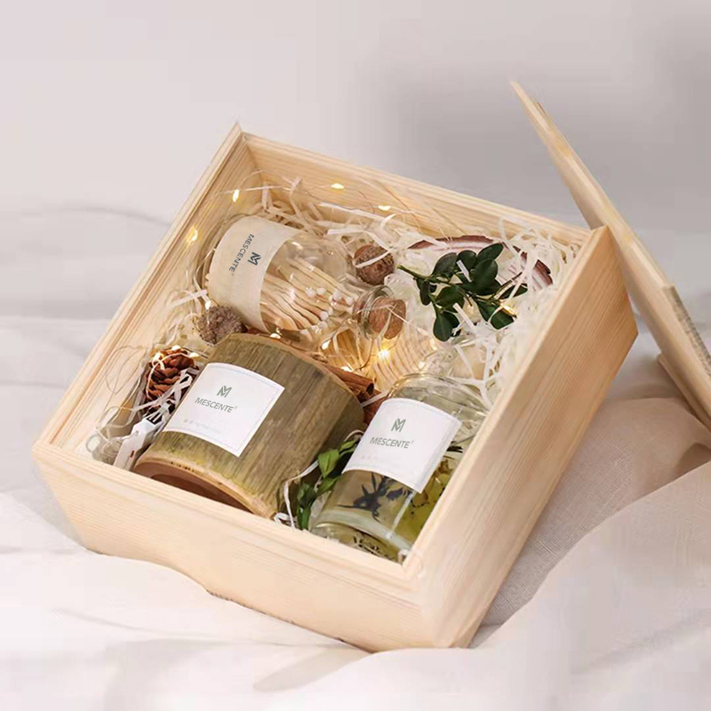 Tempat lilin kayu mewah M&Scent, label pribadi, beraroma kotak