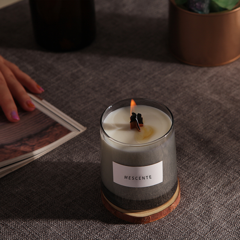 M&Scent topless kaca mewah sumbu kayu kristal lilin kedelai beraroma, lilin pernikahan