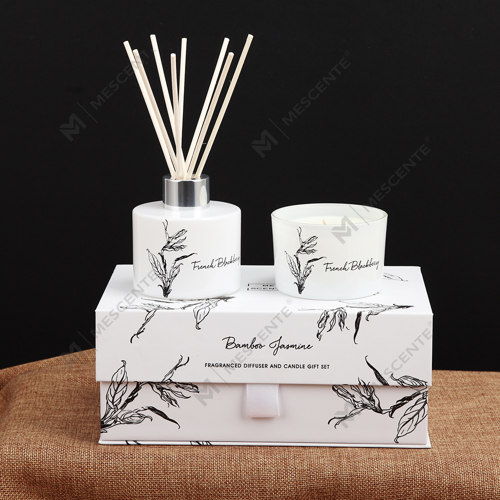 Mescente grosir mewah label pribadi aroma reed diffuser dan set hadiah lilin beraroma