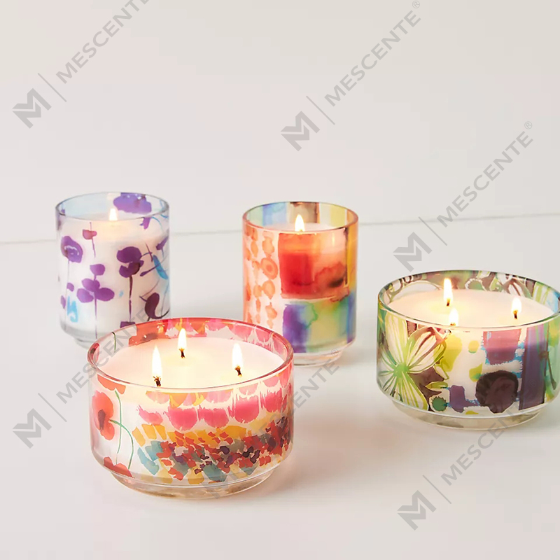 M & Scent Dekorasi Kustom Mewah Label Pribadi 3 Sumbu Lilin Lilin Kedelai Beraroma Kristal Kaca Pelukis Minggu