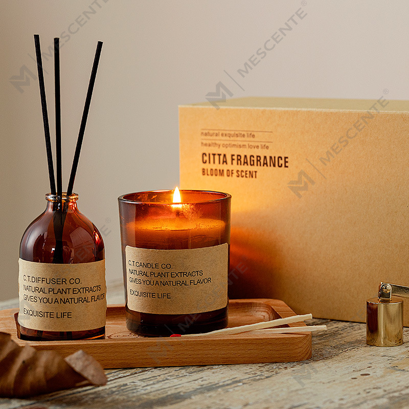 Penyebar buluh rumah dekorasi mewah M&Scent dan set lilin beraroma dengan kemasan kotak